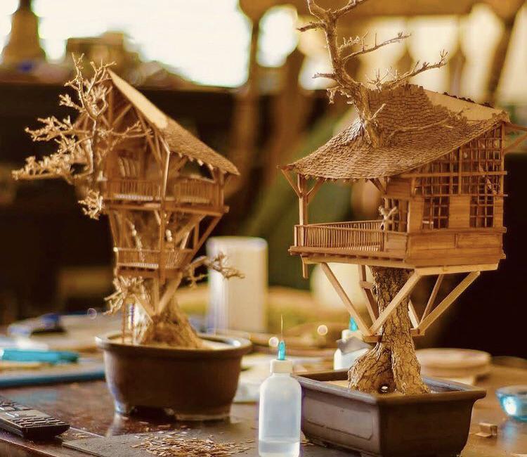 Mini treehouses made from dead bonsai trees