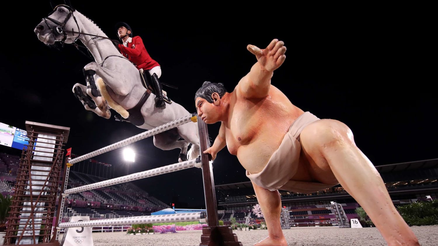 Unexpected Hurdle: A Sumo Wrestler Statue Seems to Be Spooking Horses at the Olympics