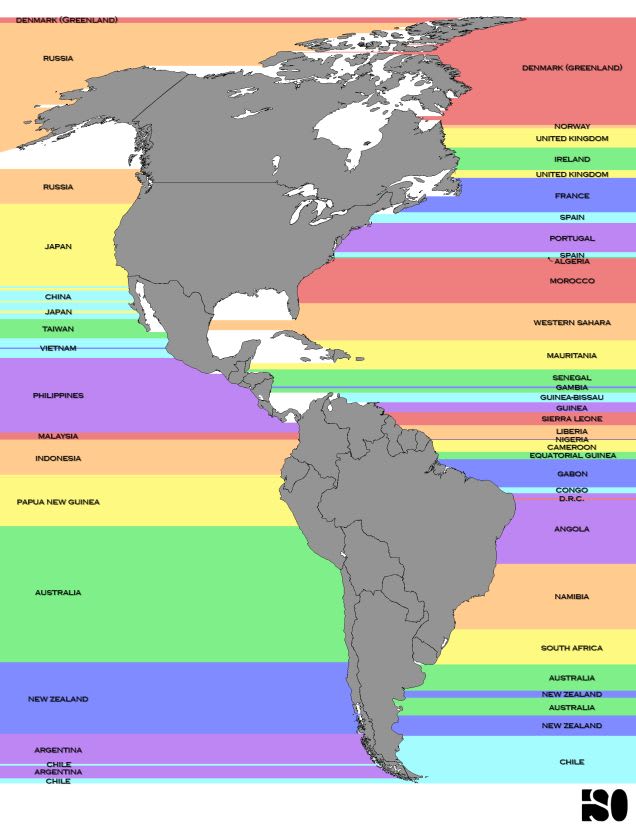 What Countries Are Due East And West Of The Americas?