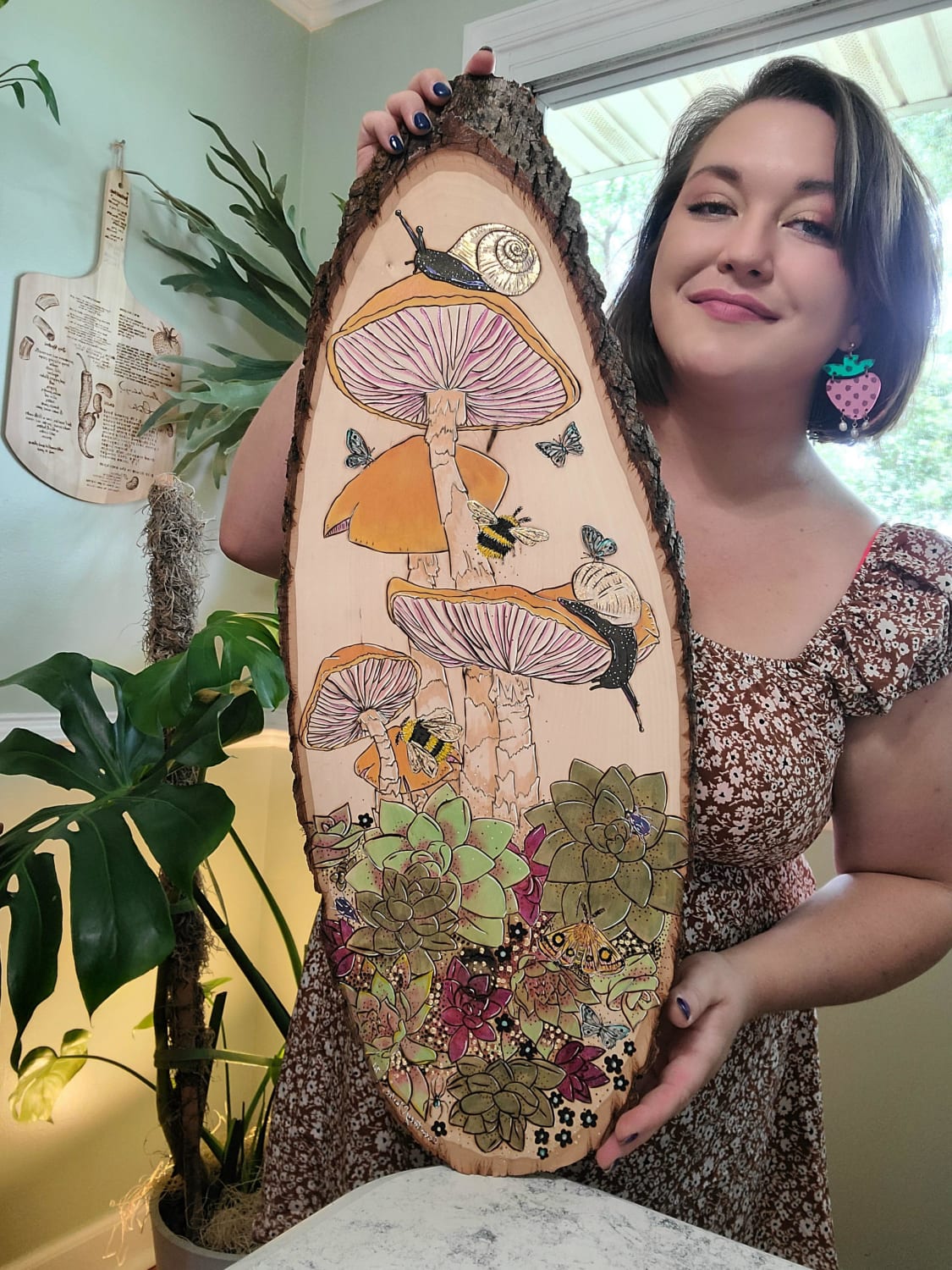 Honoring plants, fungi and critters that all live in my yard. Woodburned by hand, never machine!