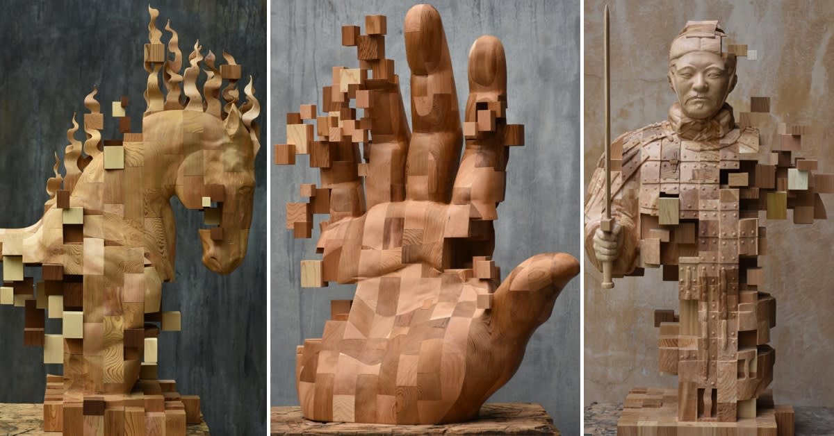 Dynamic Wood Sculptures Carved to Look Like Pixelated Glitches