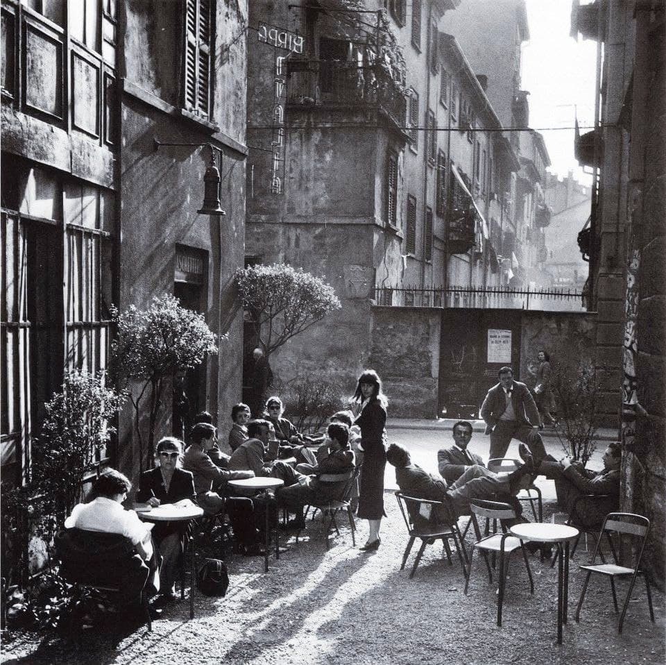A cafe in Milan, Italy (1950s)