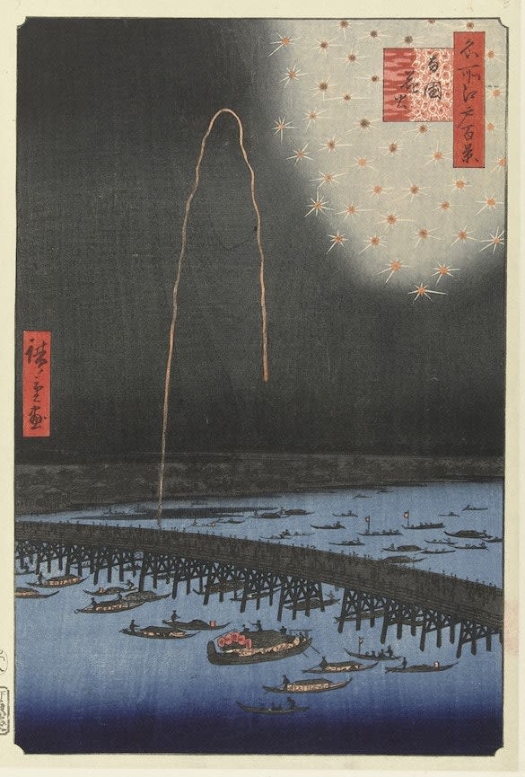 Fireworks at the Ryogoku Bridge, by Utagawa Hiroshige, 1858.⠀⠀ ⠀⠀ More works by Hiroshige on the site (including prints for sale) —