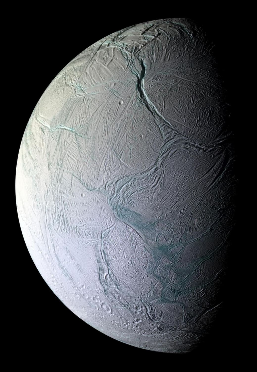 Enceladus moon of Saturn. This picture is composition of 28 photos taken by Cassini in 2008.