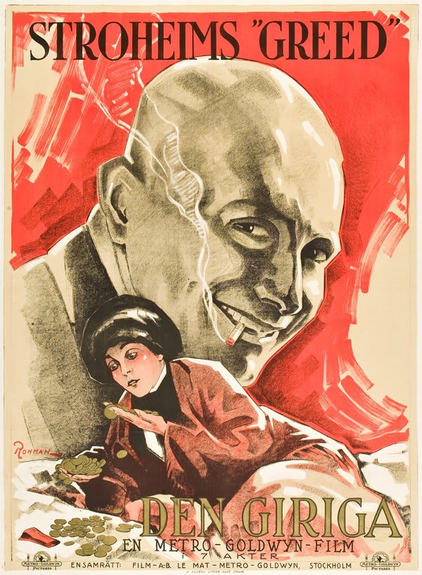 Erich von Stroheim's GREED - Debuted in New York this day in 1924 - Swedish release poster - Art by Eric Rohman