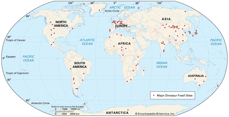 World map of major dinosaur fossil sites