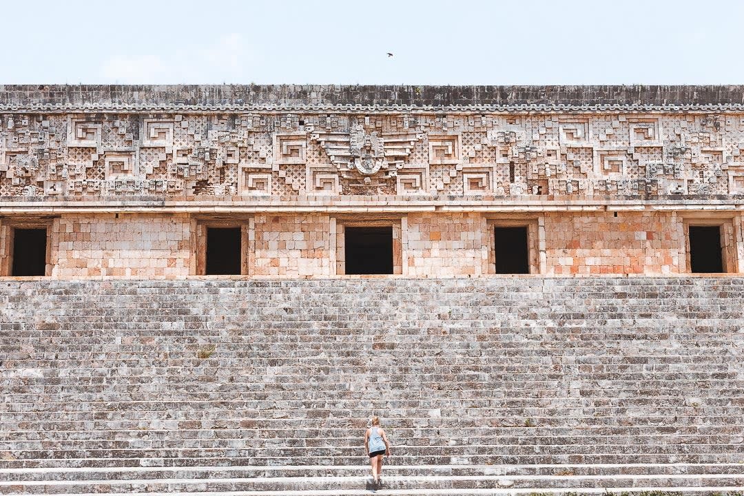 The 10th century Governor's Palace in the ancient Maya city of Uxmal. Built in the Puuc architectural style, it has the longest façades in Pre-Columbian Mesoamerica