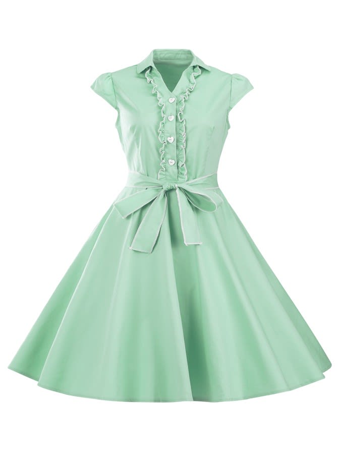 Mint V-Neck 50s Cap Sleeves Ruffles Vintage Dress