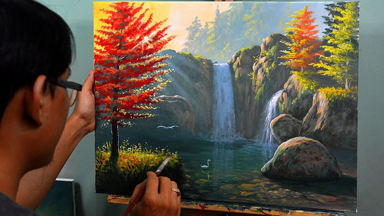 Landscape Painting Tutorial on HOW TO PAINT Autumn Waterfalls in Acrylics