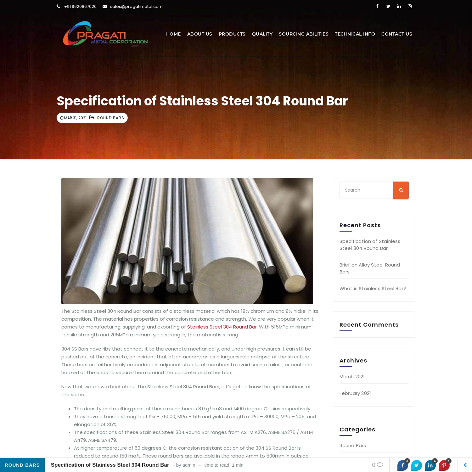Specification of Stainless Steel 304 Round Bar
