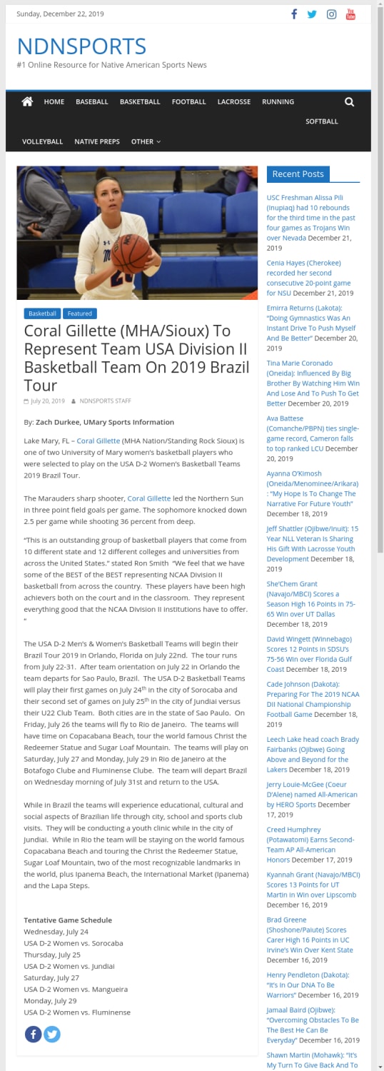 Coral Gillette (MHA/Sioux) To Represent Team USA Division II Basketball Team On 2019 Brazil Tour