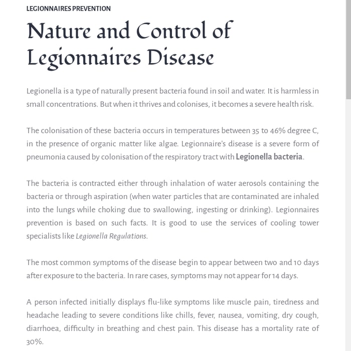 Nature and Control of Legionnaires Disease