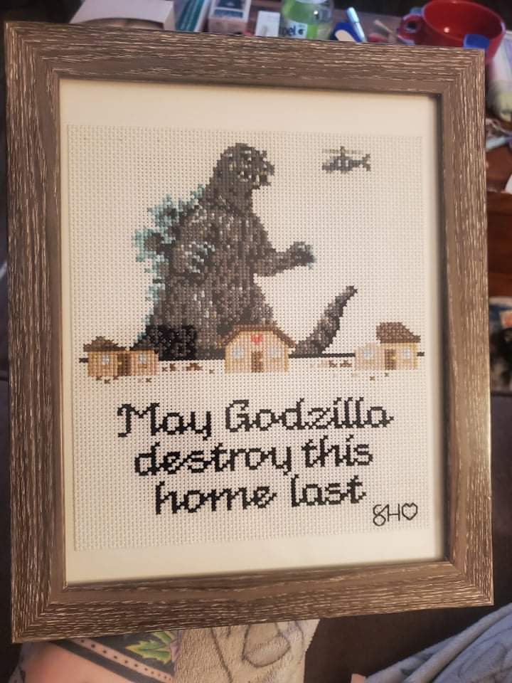 [FO] cross stitch I did for my Gidzilla obsessed FIL. Pattern by Ampyfied