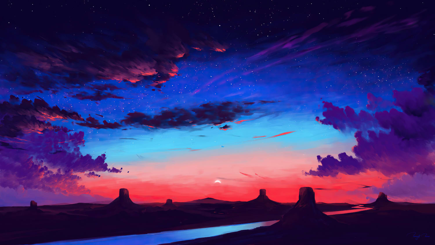 Sunset on a desert with a starry sky