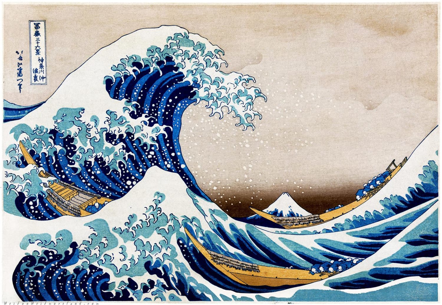 The Great Wave off Kanagawa, a woodblock print by Japanese artist Hokusai. Published around 1830 as the first in the series "36 Views of Mount Fuji", it is Hokusai's most famous work and is often considered the most recognizable work of Japanese art in the world... (more in comments)(