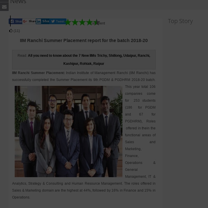IIM Ranchi Summer Placement report for the batch 2018-20