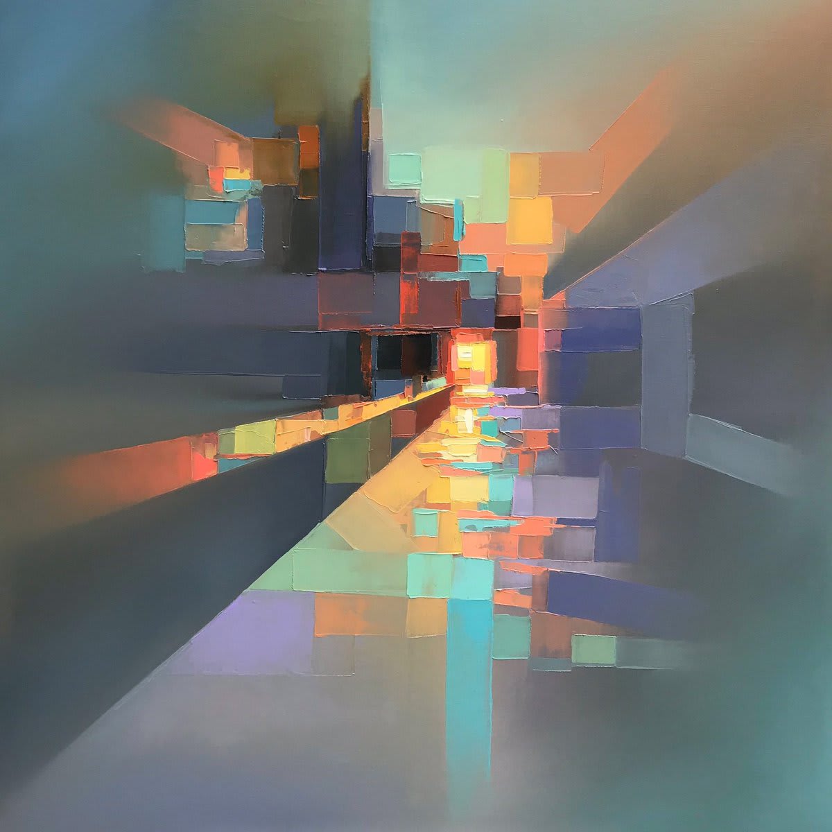 Landscapes by Jason Anderson blend precise pixelation and hazy abstraction