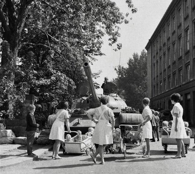 Nurses with prams blocking a Soviet tank in Ostrava, Czechoslovakia, 1968.