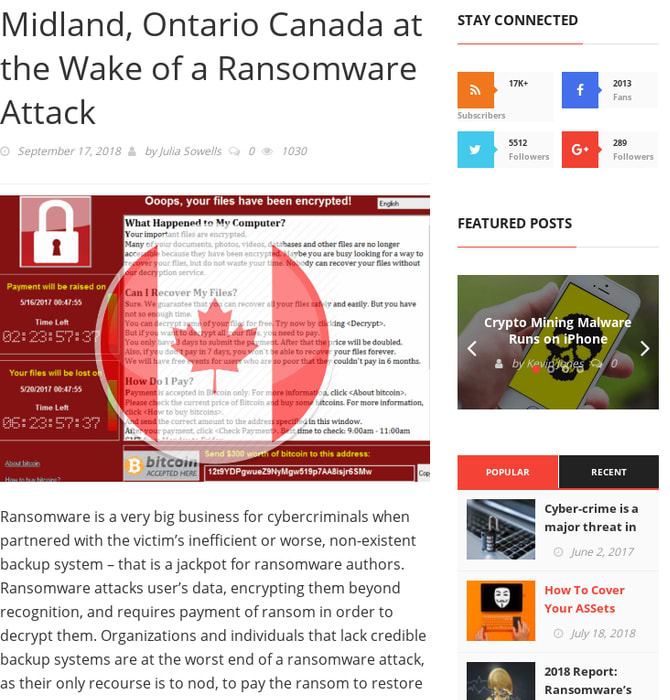 Midland, Ontario Canada at the Wake of a Ransomware Attack