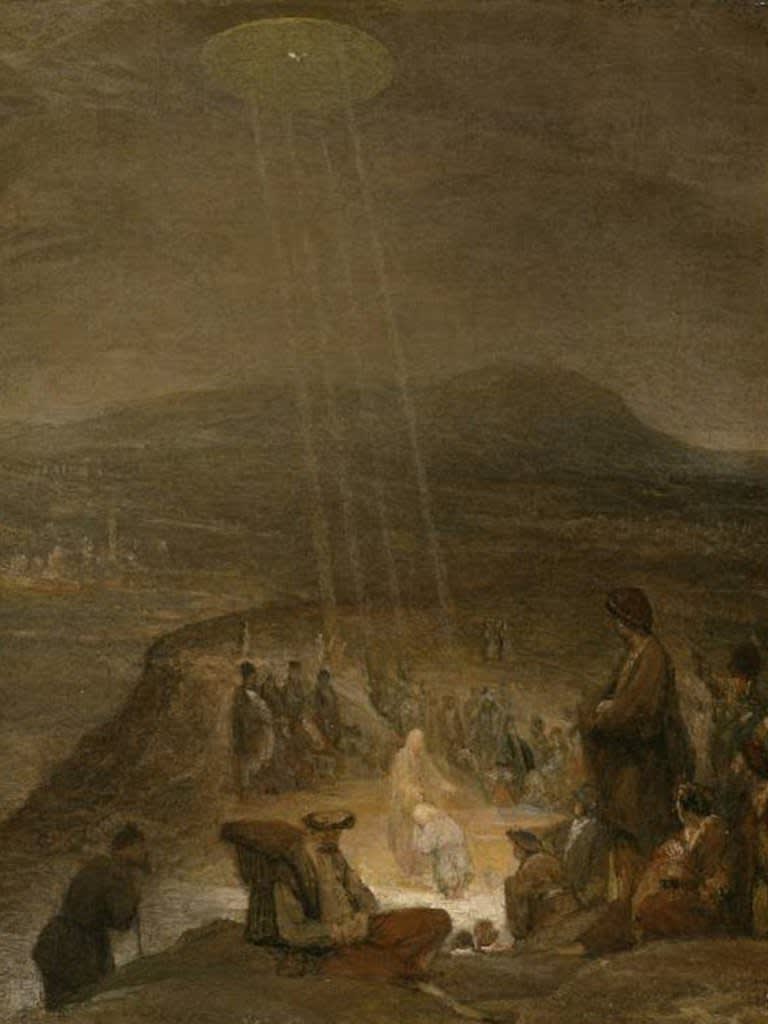 'The Baptism of Christ' , Aert De Gelder - 1710. In Matthew 3:16, of the New Testament, it is stated that "the heavens were opened, and the Spirit descended on him like a dove." Personally, I think it looks like an UFO interacting with Jesus Christ