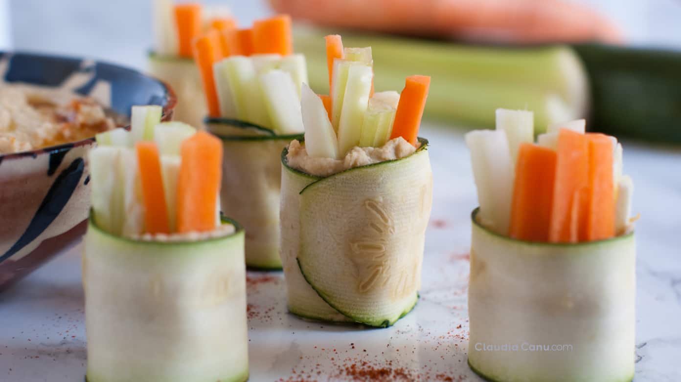 Zucchini roll ups with hummus and veggies. A healthy snack!