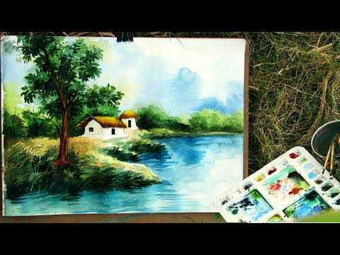 How to draw watercolor nature painting on art paper step by step. Watercolor landscape painting.