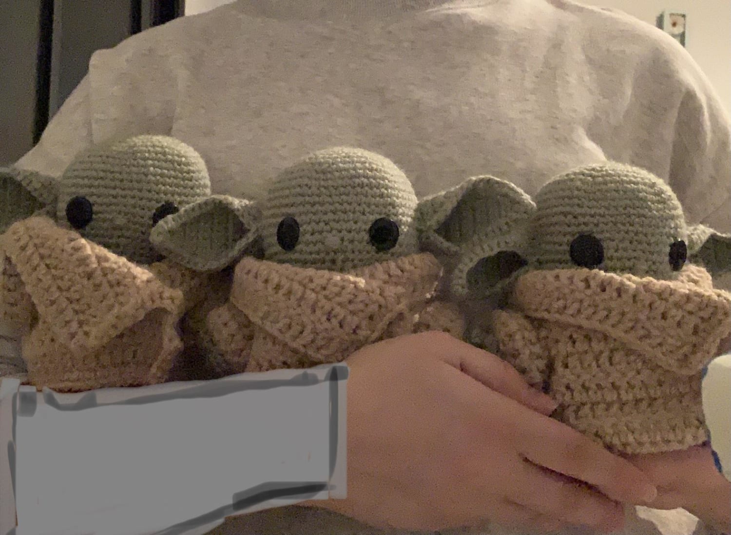 I cranked out these baby Yoda’s in a week as gifts 😅 (excuse my drawn on sleeve, I wear a hijab and don’t show my arms, and my sleeves were pulled up)