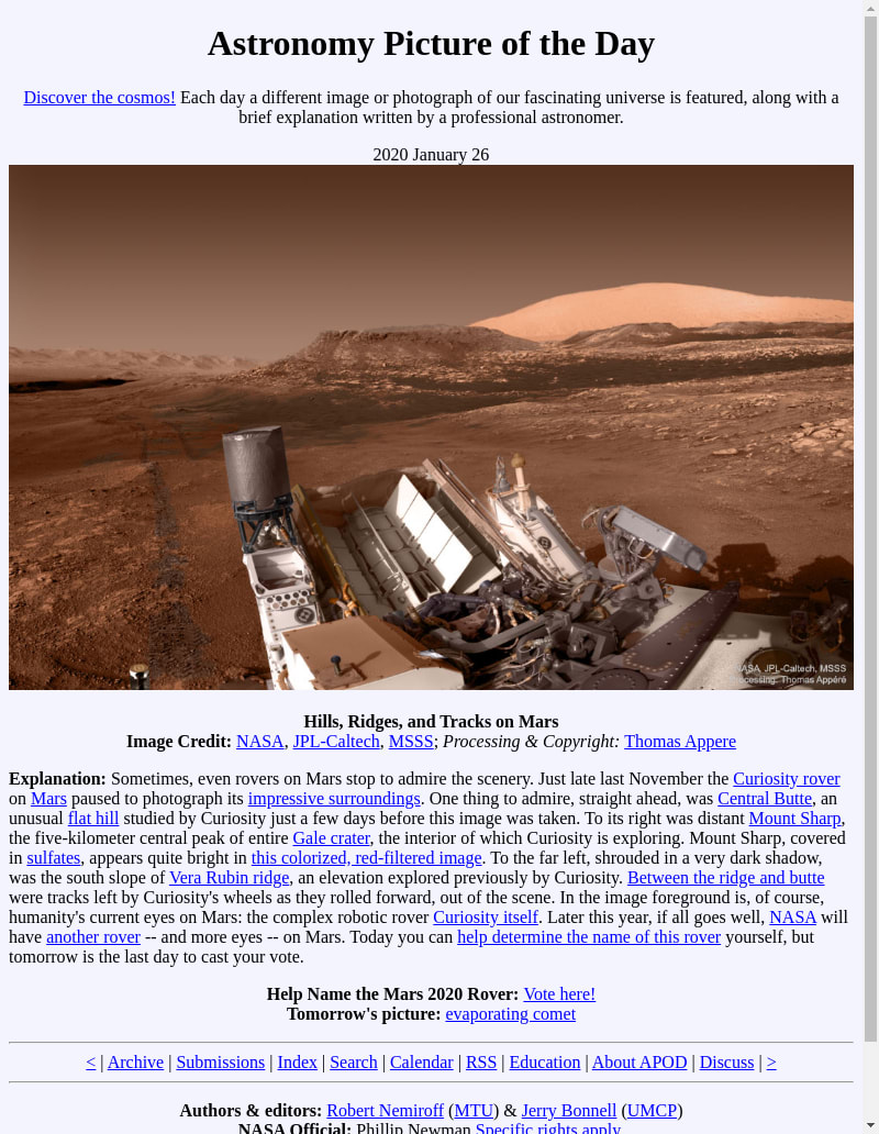 APOD: 2020 January 26 - Hills Ridges and Tracks on Mars