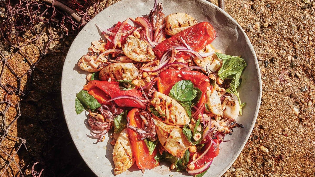 Garlicky Grilled Squid with Marinated Peppers Recipe