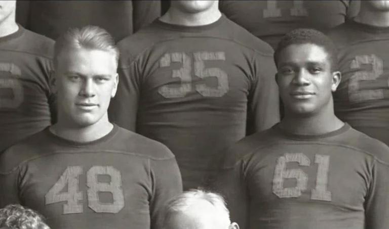 This is future president Gerald Ford with teammate Willis Ward at the University of Michigan in 1934. Ford threatened to quit the team when Ward was benched for a game against Georgia Tech, who at the time refused to play against black players.