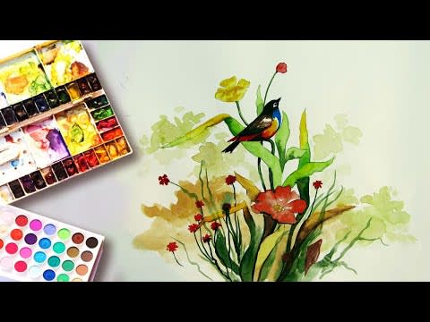 Watercolor painting for beginners beautiful flower with birds!! watercolor flowers drawing!!
