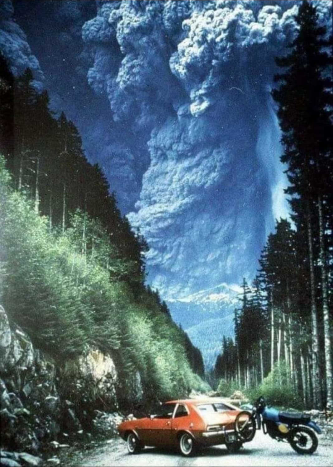 Today, 40 years ago, Mt St Helens exploded in Washington state. This picture was taken by Richard Lasher. He decided he'd take a look at the mountain once again before it blew, so he drove up to see the mountain. While driving, the mountain exploded. He jumped out of the car and snapped this photo.