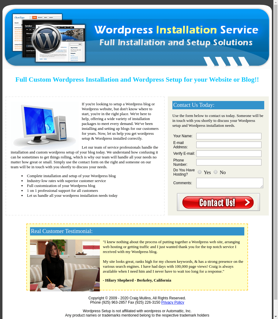 Wordpress Setup & Wordpress Blog Installation Only $100.00! Call Today (925) 963-2857