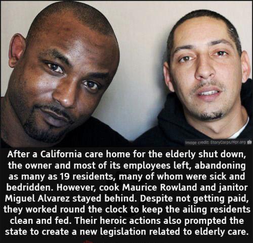 These two took care of elderly residents after they were abandoned in a care home after it closed down. Respect.