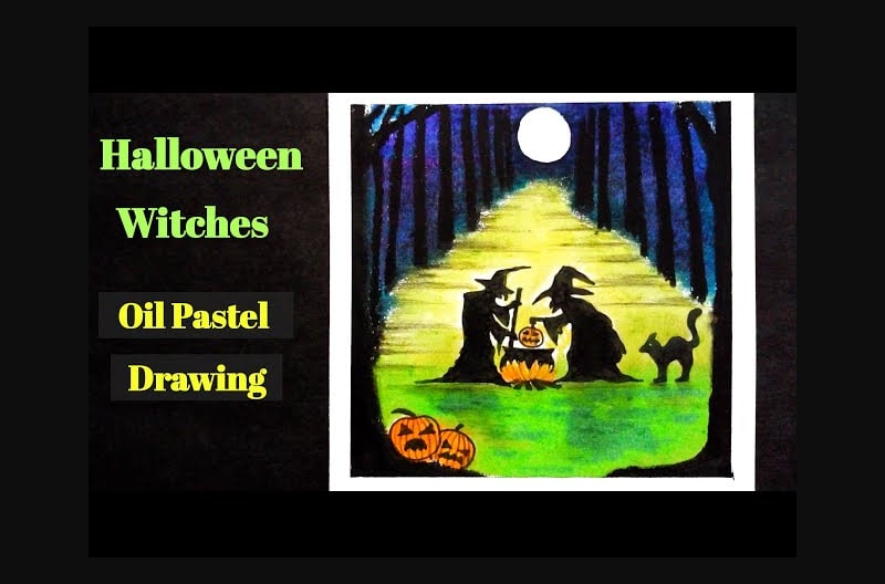 Halloween Witches Oil Pastel Drawing