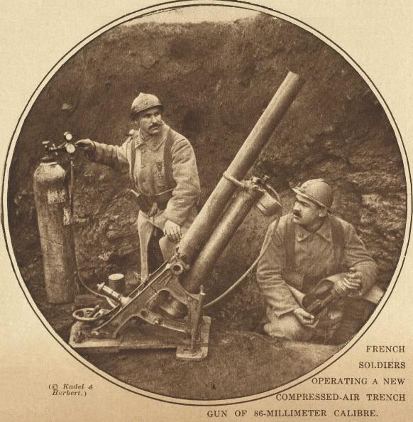 17 February 1918, "French soldiers operating a new compressed-air trench gun of 86-millimetre calibre"