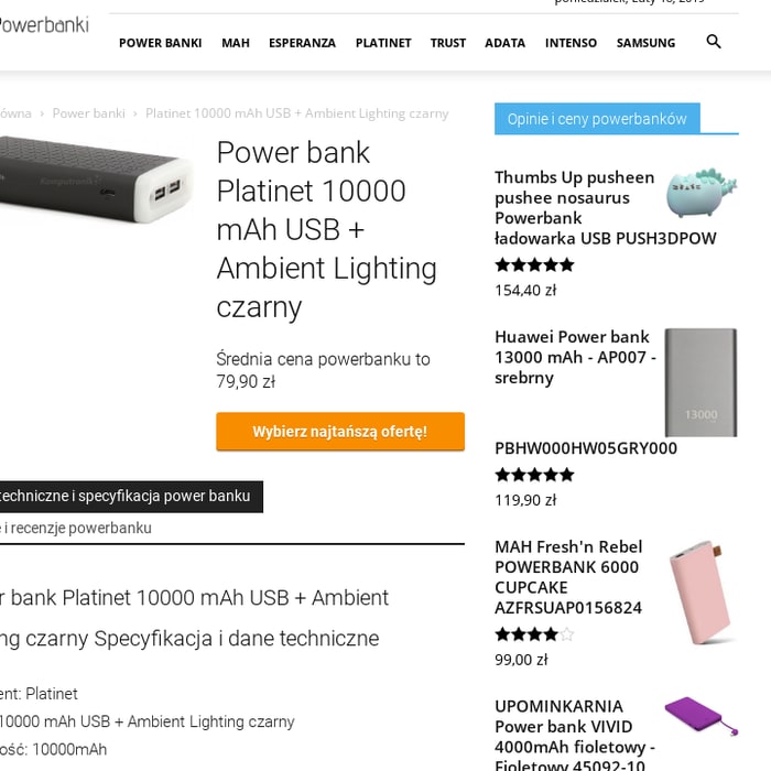 Platinet 10000 mAh USB + Ambient Lighting czarny Cena i opinie / Power bank
