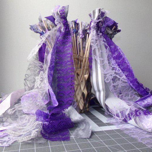 Purple wedding wands, 100 double streamer ceremony exit ribbon & lace party favors, fairy tale bride groom toss alternative