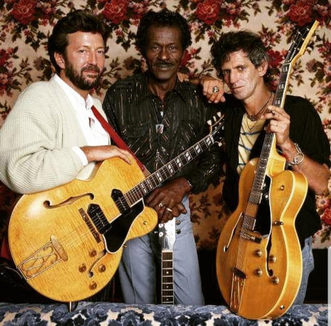 The Mentor and two of his best students (Eric Clapton, Chuck Berry, and Keith Richards) 1986
