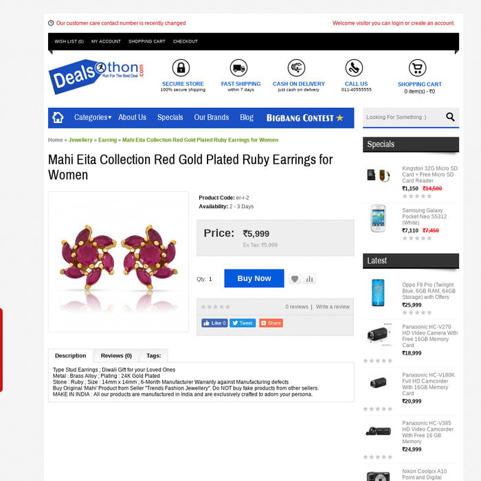 Mahi Eita Collection Red Gold Plated Ruby Earrings for Women