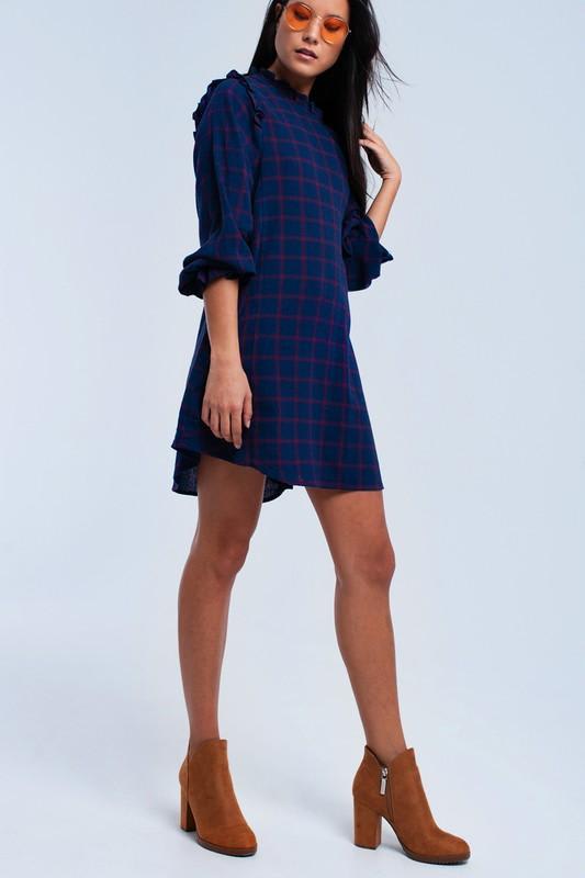 Blue Checkered Print Shirt Dress