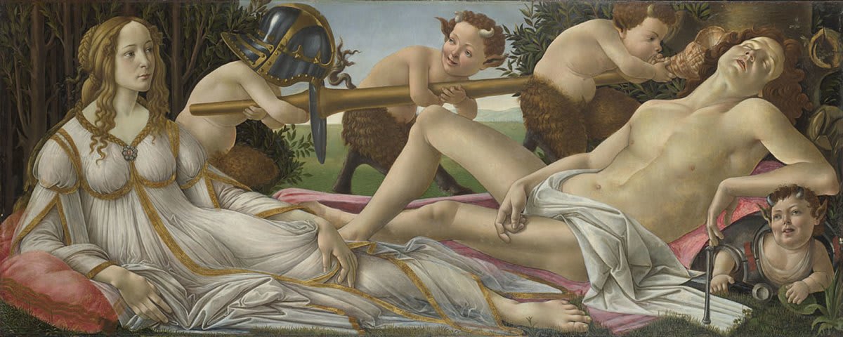 Botticelli paints Venus, Goddess of Love, with her lover, Mars, God of War. Mars is sleeping the 'little death' which comes after making love, and not even a trumpet in his ear will wake him. In contrast, Venus is awake and alert showing that love conquers war.