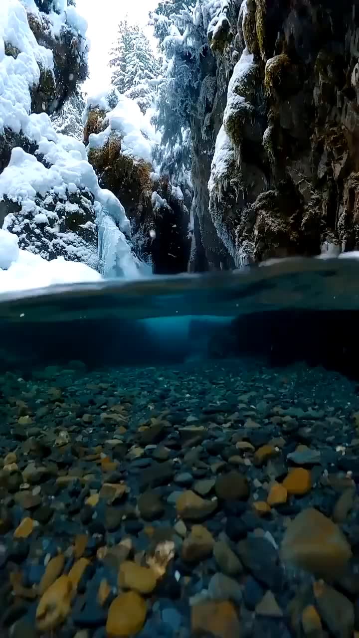 Snow falling on crystal clear Alaskan glacial meltwater captured by photographer John Derting
