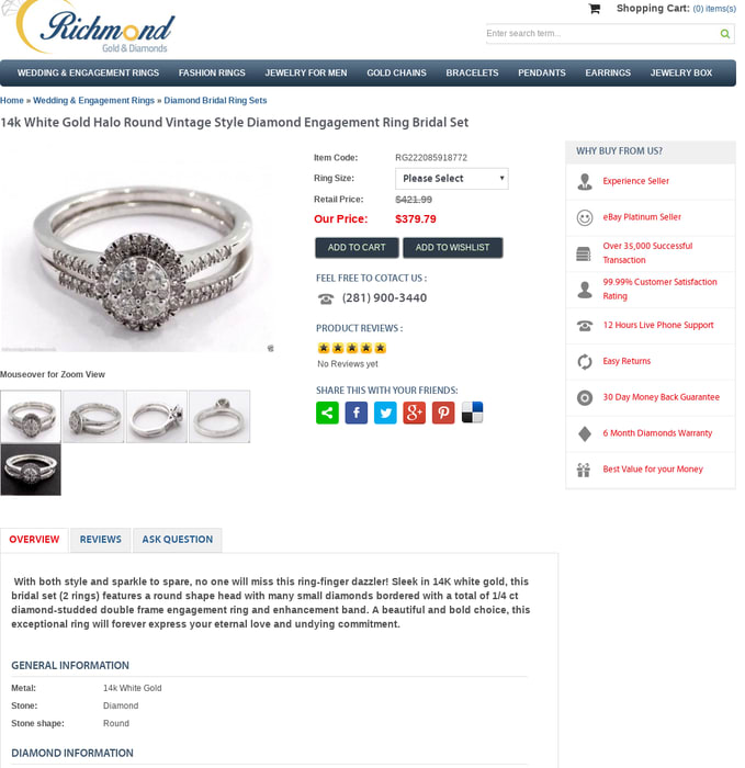 14k White Gold Halo Round Vintage Style Diamond Engagement Ring Bridal Set by RG&D