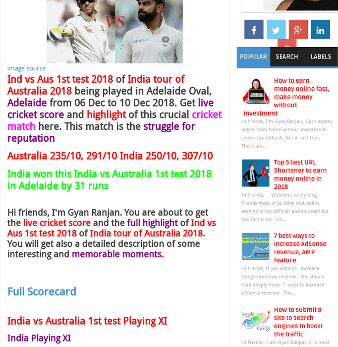 India vs Australia 1st test 2018 Adelaide, live cricket score, India won by 31 runs