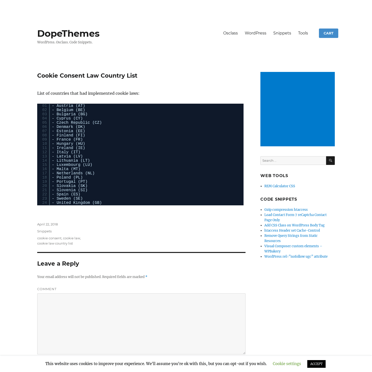 Cookie Consent Law Country List - Snippets / DopeThemes