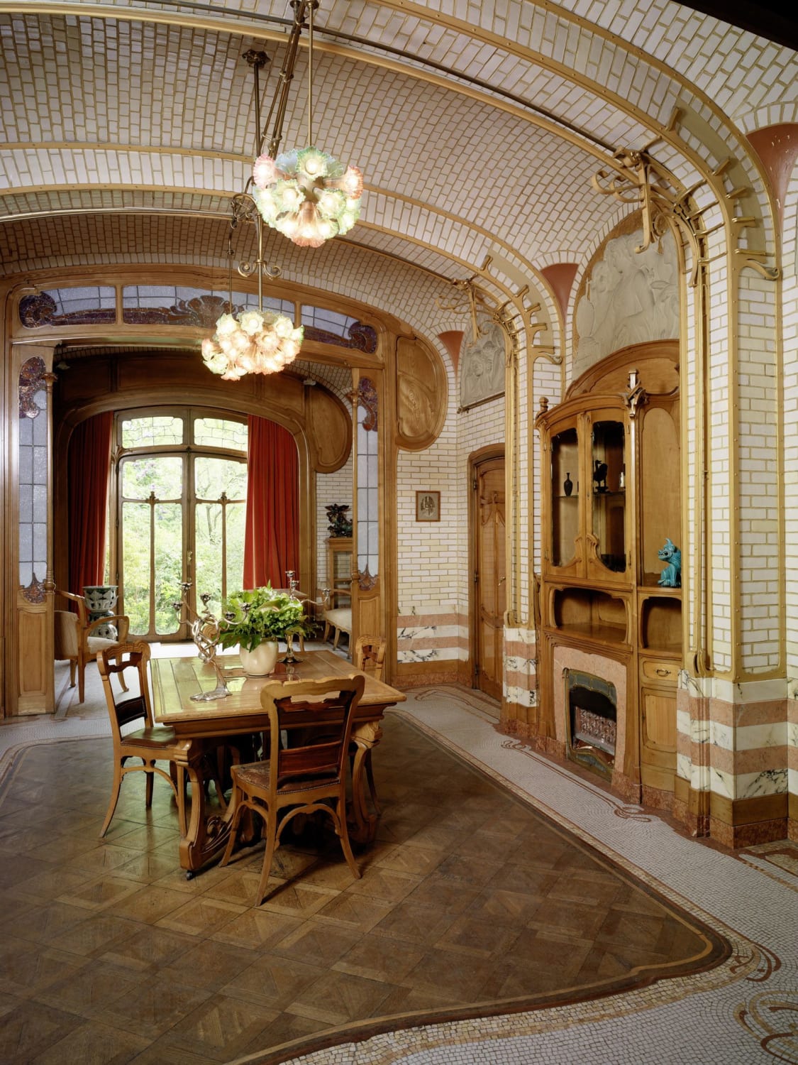 Dining room in Maison & Atelier Horta, the former house and workshop of Belgian Art Nouveau architect Victor Horta completed in 1901, now used as a museum. Saint-Gilles, Brussels-Capital Region, Belgium