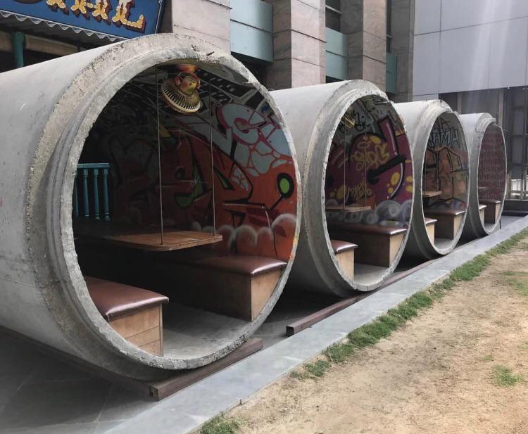 Concrete pipes used as outdoor seating