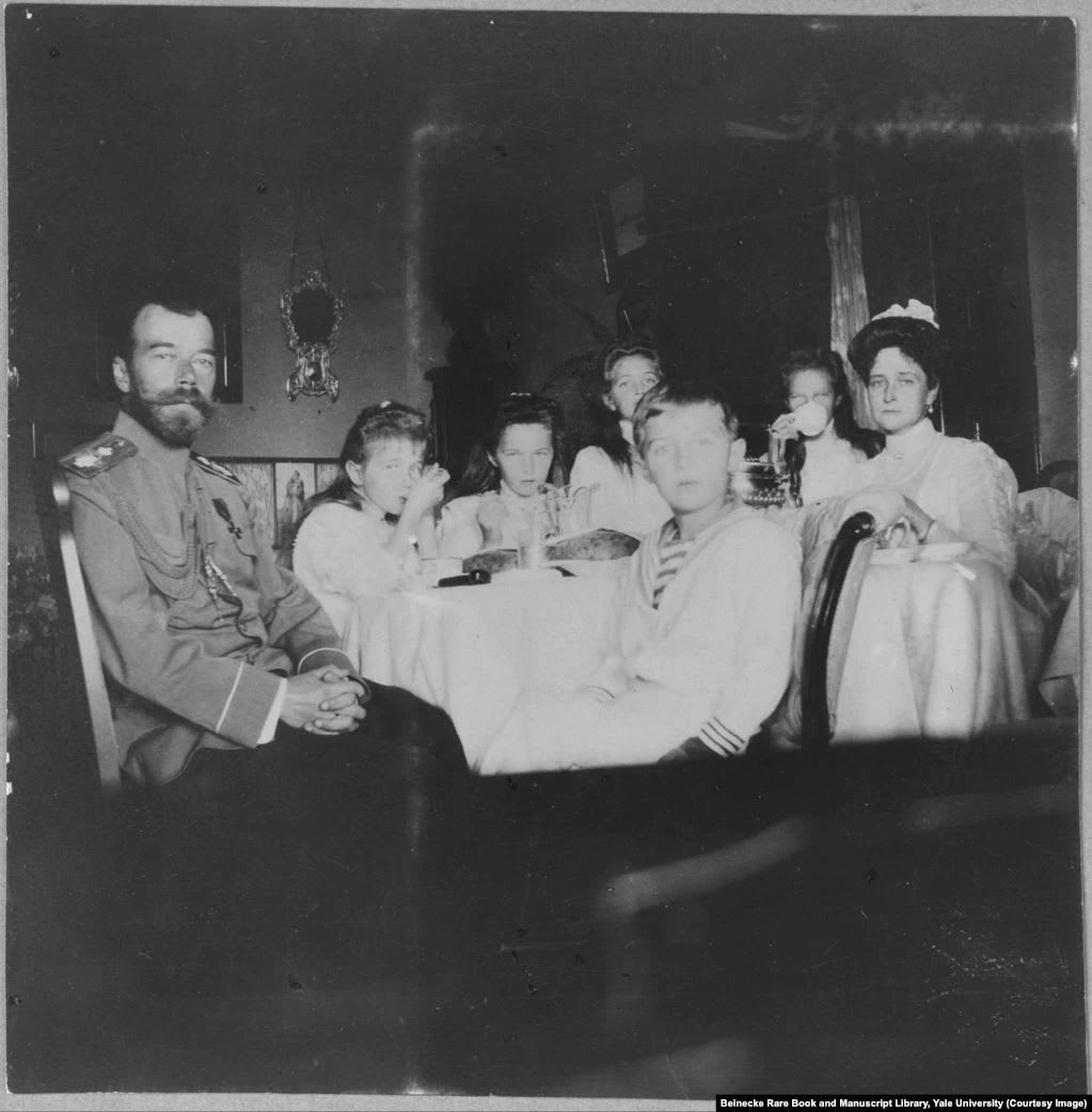 Nicholas II Romanov and his wife, Empress Aleksandra, with their four daughters and son. The tsar was forced to abdicate in 1917 and he and his family were shot and stabbed to death by Bolshevik troops, in 1918, before their bodies were doused in acid and dumped into a mine shaft.