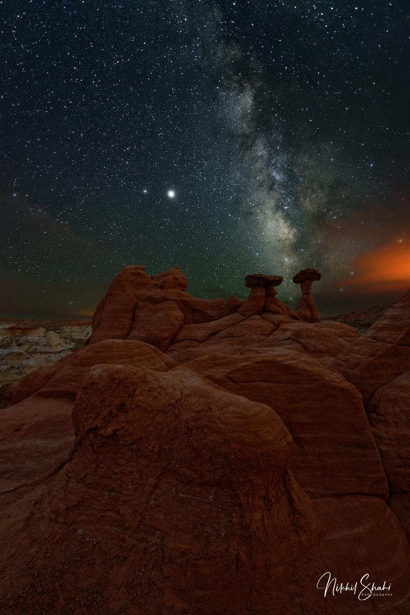 Milky Way over Toadstool Hoodoos | Southern Utah | Mangum Fire to the Right | Nikon D850 | Nikon 14-24mm | 15 seconds | f/2.8 | ISO 5000